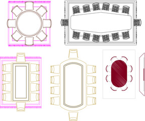 Vector sketch illustration of architectural design silhouette collection of Dining table and chairs for home interior 