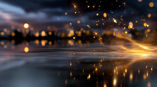 Defocused ambient image of glowing sparks over reflective surface, representing prophetic vision and spiritual calm, with copy space