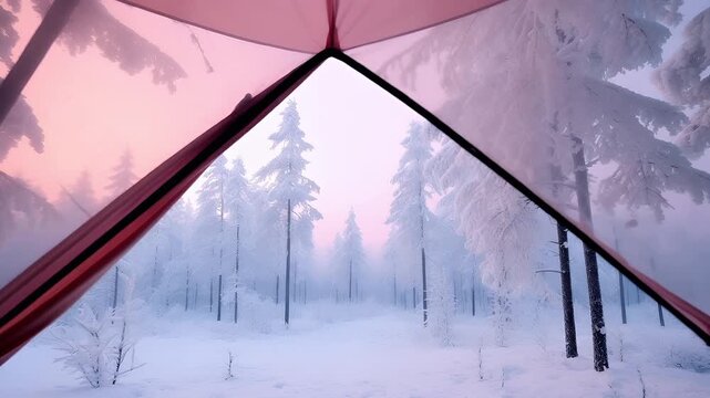 A tents interior is set against a backdrop of a snowy forest during what appears to be either dawn or dusk.