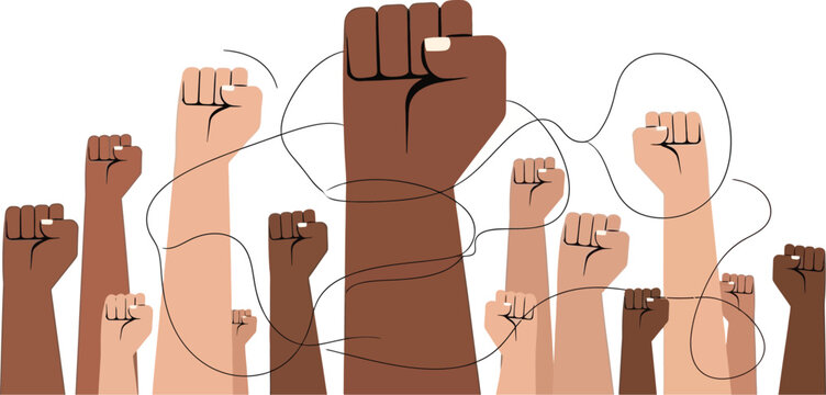 Diverse voices unite for justice, equality, and empowerment with raised fists in solidarity, perfect for impactful social campaigns and advocacy projects
