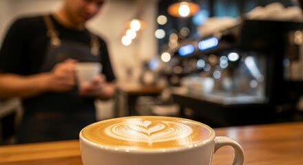 Savor the artistry of perfectly frothed latte with delicate heart design, crafted by a skilled barista in a cozy, modern coffee shop ambiance.