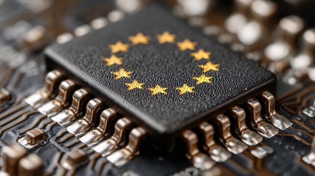 Close-up of electronic microchip with European Union flag on circuit board