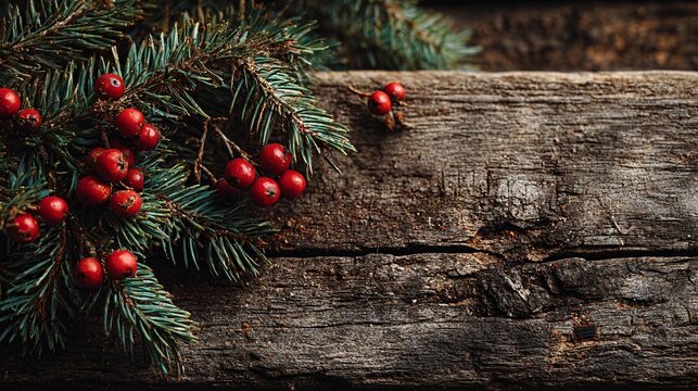 Rustic wooden surface decorated with evergreen branches and red berries
