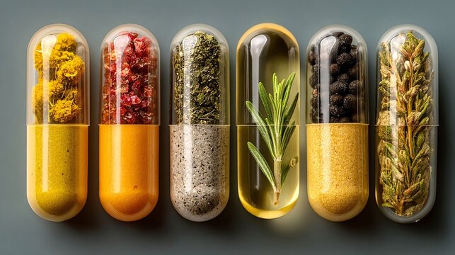Close-up of Natural Herbal Medicine Capsules with Various Plants and Spices