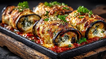 Close-up of delicious stuffed grilled eggplant rolls with herbs and sauce