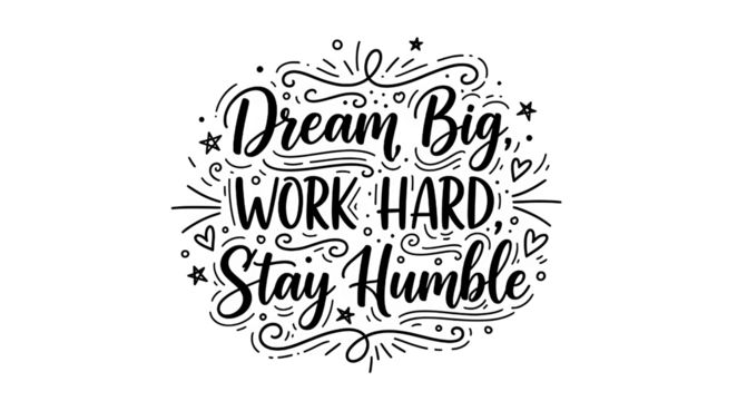 Hand-Lettered Motivational Quote “Dream Big, Work Hard, Stay Humble” with Decorative Elements