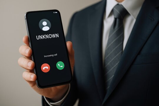 Businessman holding smartphone displaying incoming unknown phone call with red decline and green answer buttons
