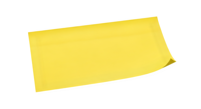 A single bright yellow sticky note with a slightly curled corner isolated on transparent background