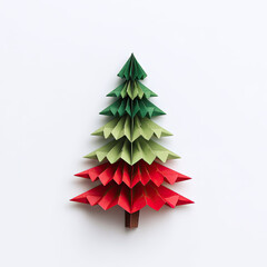 Origami Christmas tree with red and green paper layers on white