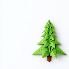 Origami green paper Christmas tree on white background