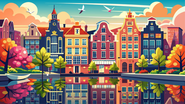 Very beautiful view of Amsterdam, Netherlands, featuring the iconic &ldquo;dancing houses&rdquo; along the Amstel River, reflected in calm water, with a bright spring landscape and a realistic charming European a