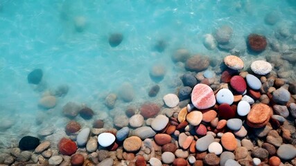 Aerial view of pebble beach with clear blue water, showcasing colorful pebbles and waters surface.