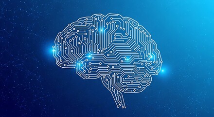 Artificial Intelligence Brain Circuit Board Design on a Blue Background
