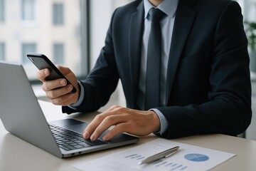 Businessman using smartphone and laptop at desk with financial charts computer