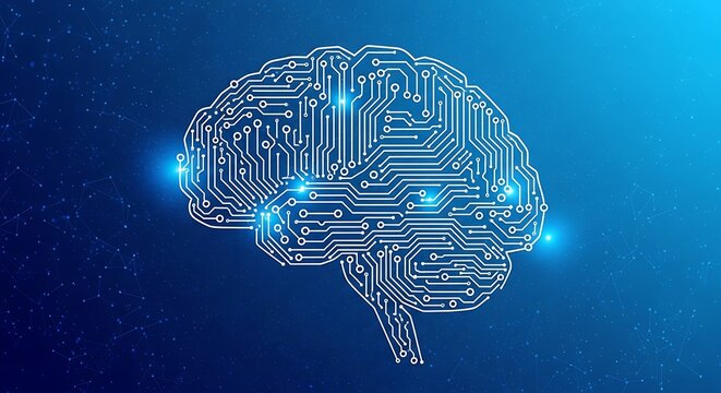Artificial Intelligence Brain Circuit Board Design on a Blue Background - Powered by Adobe