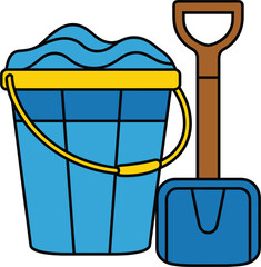Blue cartoon sand bucket with yellow rim and shovel on white background pail beach