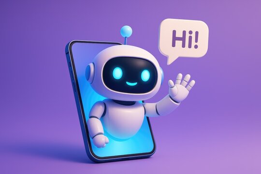 Cheerful robot character emerging from a smartphone screen with a speech bubble - Powered by Adobe