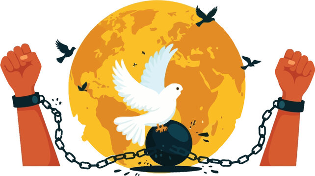 Remembering slavery's abolition for freedom, a white dove flies toward a brighter future, breaking the chains that once bound humanity for social justice
