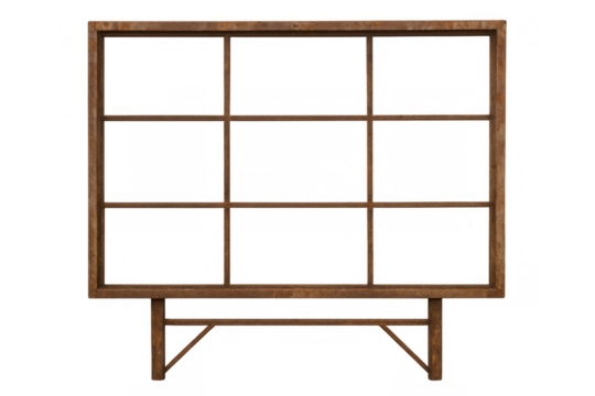 Wooden grid shelving unit creating sections for product display or home decor, empty rack with transparent background
