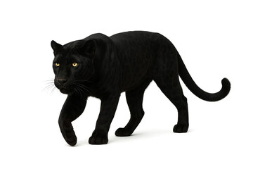A sleek black panther with piercing yellow eyes walks gracefully, its dark fur glistening under soft light against a clean white background.