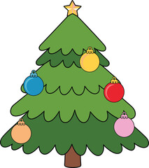 Cartoon Christmas Tree Decorated with Colorful Ornaments and Star decoration