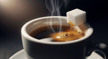 Steaming coffee cup with sugar cube, dark background, close up shot.