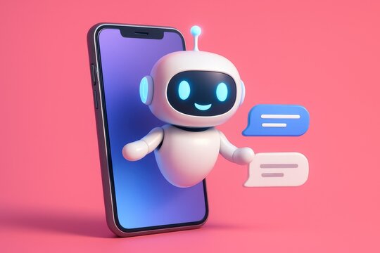 Cute 3D Robot Emerging from Smartphone Screen with Chat Bubbles chatbot artificial intelligence