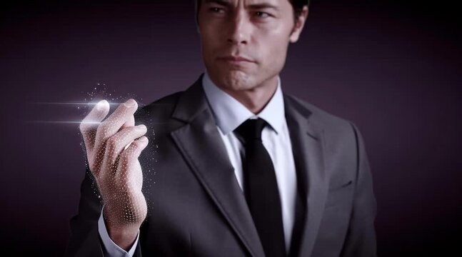 Man in suit identifies with fingerprint technology professional demonstrates biometric fingerprint security system