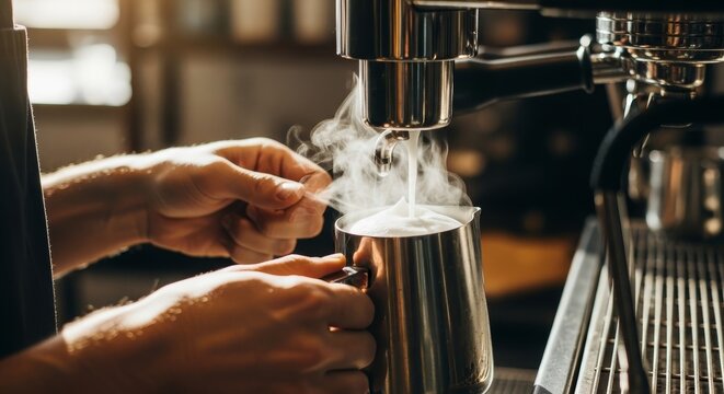 Skilled barista expertly steams milk creating rich foam for a perfect coffee beverage in a warm, inviting cafe ambiance.