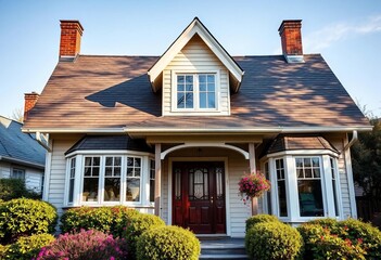 Classic gable roof and multi-paned windows on a charming house, facade, roof tiles