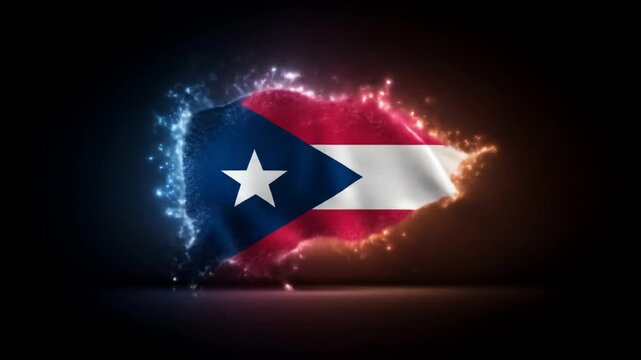 Digitally created flag with a white star on a blue triangle, glowing particles