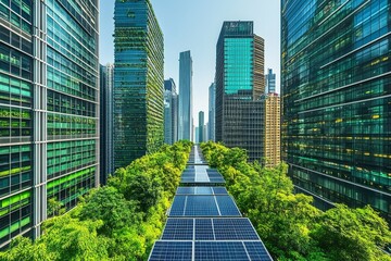 selective focus futuristic green data center with solar panels and integrated trees