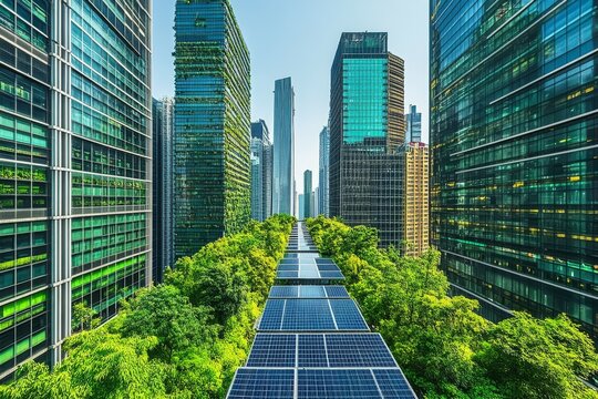 selective focus futuristic green data center with solar panels and integrated trees - Powered by Adobe