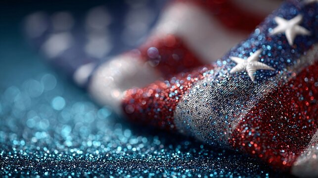 Close-up of Glittering Sparkling American Flag with Blue Background