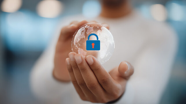 A person carefully holds a translucent globe with a digital padlock, symbolizing cybersecurity and data protection in a modern world.