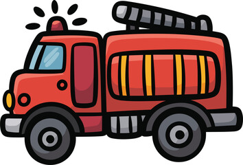 Cartoon red fire truck with flashing lights and hose reel fire engine illustration