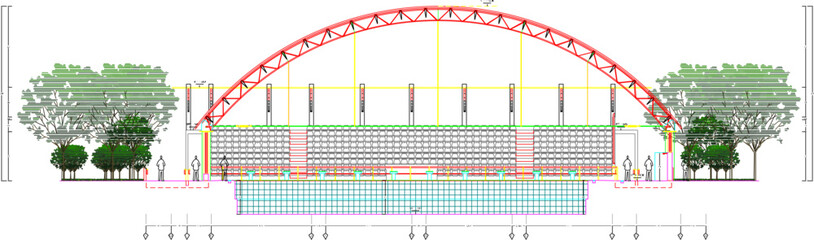 Vector sketch illustration silhouette architectural design Dining Hall Steel Structural Layout and Sections Details