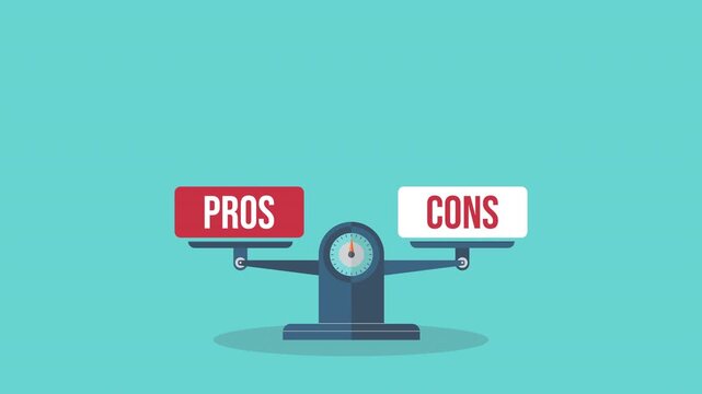 The words pros and cons balanced on a seesaw. Comparing positive advantages or negative disadvantages	