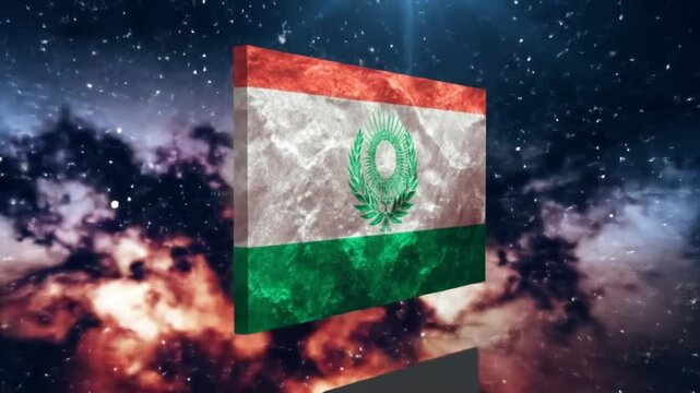 A flag with green, white, and red stripes and an emblem against a starry background