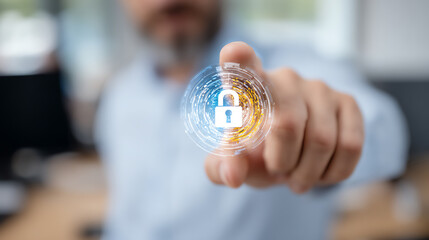 A person interacting with a digital security interface, emphasizing data protection and cybersecurity awareness.