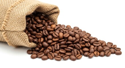 Fototapeta premium Rich roasted coffee beans spill from a burlap sack, inviting aroma and energizing mornings for your next project.