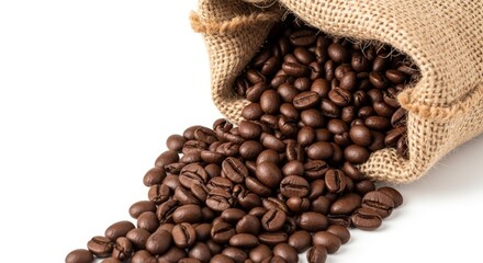 Rich, roasted coffee beans spill from a rustic burlap sack, promising the perfect morning brew and energizing start to any day.