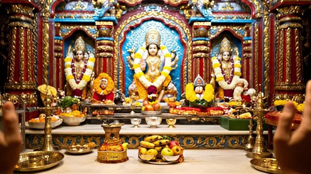 A Devotee's Prayer: Hands Together in Reverence Before a Colorful Hindu Deity Altar, Displaying Rich Textures and Cultural Artistry in a Spiritual Setting