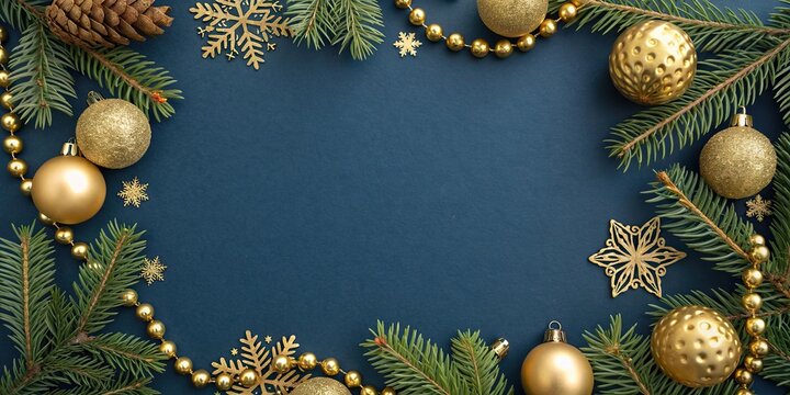 Elegant Christmas background with gold ornaments, fir branches, pine cones. and snowflakes on dark blue backdrop with copy space.