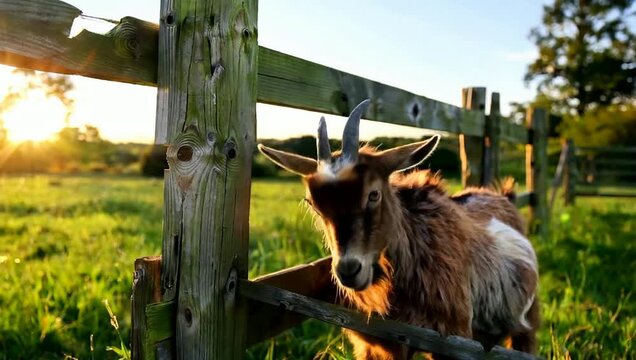 Brown and white domestic goat bleating loudly with an open mouth by a rustic wooden fence in a sunny field at sunset.