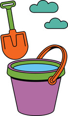 Colorful Beach Bucket and Shovel with Clouds Keywords: beach, bucket, shovel, sand, water, play