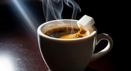 Steaming hot cup of black coffee with a sugar cube on the rim.