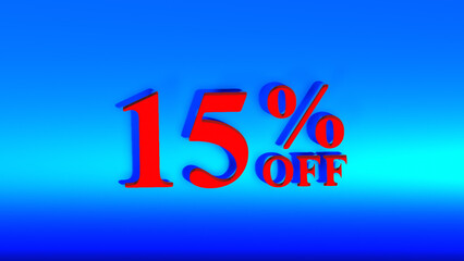 3D Promotional Discount Banner – 15% OFF in Bold Red Letters on Blue Gradient Background