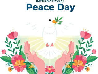 Celebrate International Peace Day with a symbol of hope and unity, featuring a dove with an olive branch, flowers, and hands in soft pastel colors