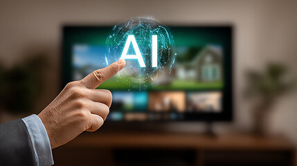 A person interacts with AI technology using a virtual interface, showcasing innovation in home entertainment and smart living.